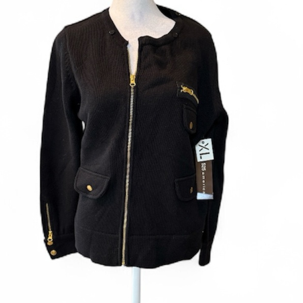 525 America Woman's Black Zip Up Cardigan‎ Gold Details size XL NWT